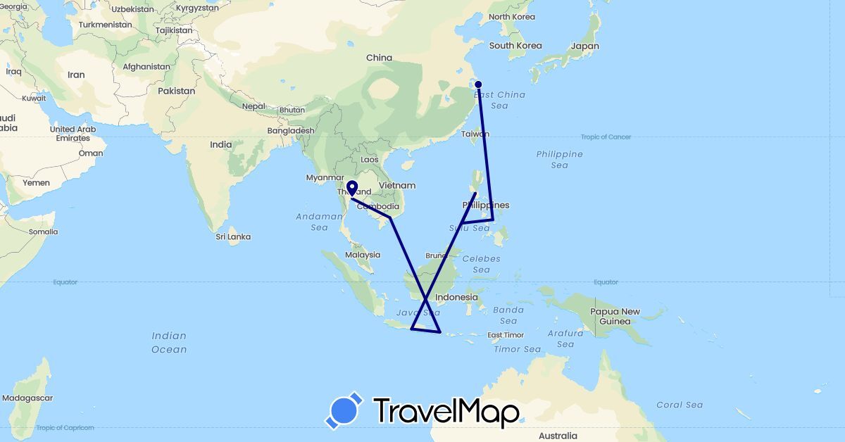 TravelMap itinerary: driving in China, Indonesia, Philippines, Thailand, Vietnam (Asia)